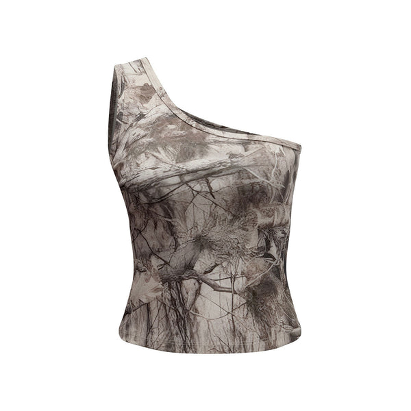 Asymmetric Single Shoulder Camo Cropped Tee