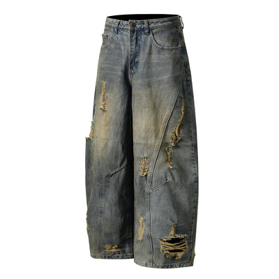 Panel Stitching Barrel-Leg Ripped Jeans