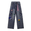 Embroidered Patch Denim Cargo Jeans with Striped Detail