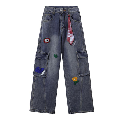 Embroidered Patch Denim Cargo Jeans with Striped Detail