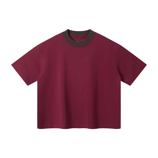Oversized Color-Block Ribbed Collar Comfortable Tee