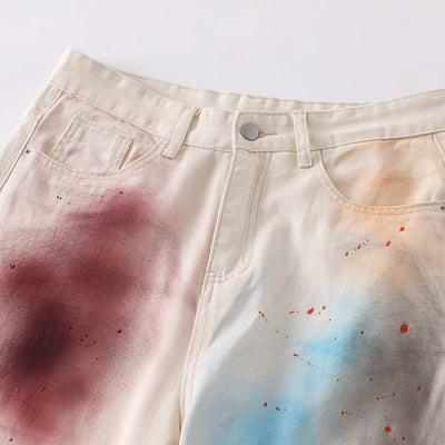 Artistic Paint-Splatter Wide-Leg Jeans