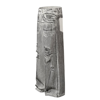 Acid Wash Destroyed Wide-Leg Jeans