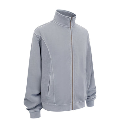 Stand Collar Panel Detail Washed Zip Up Sweatshirt