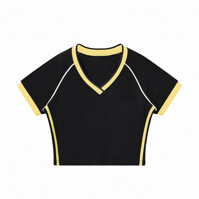 Contrast V-Neck Slim Fit Cropped Y2K Tee