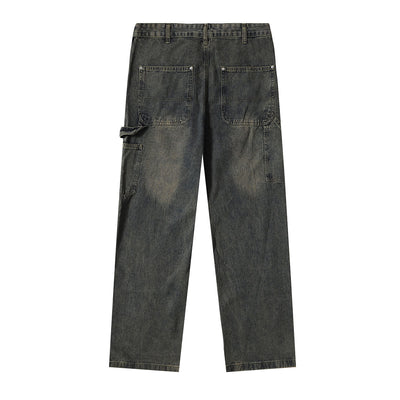 Utility Distressed Straight Leg Denim Jeans