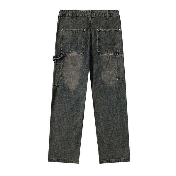 Utility Distressed Straight Leg Denim Jeans