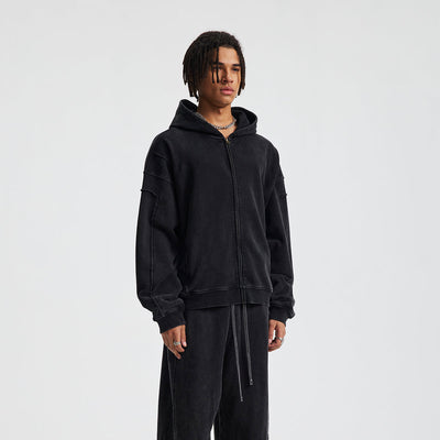 Vintage Washed Oversized Zip Up Distressed Hoodie