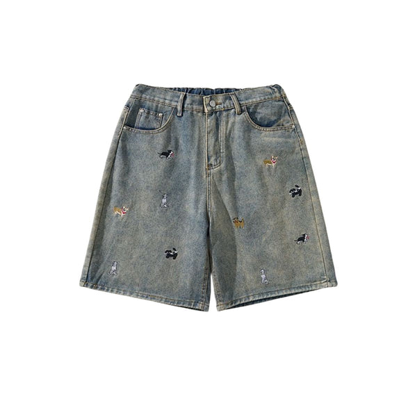 Dog Embroidery Loose Fit Denim Shorts