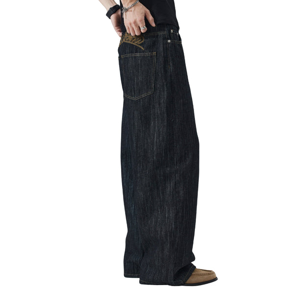 Embroidered Black Washed Baggy Jeans