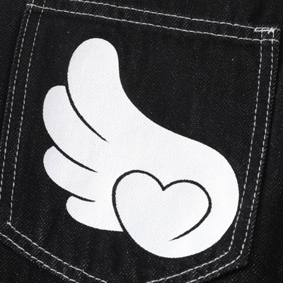 Retro Contrast Heart & Wings Patchwork High Rise Loose Draped Denim Jeans