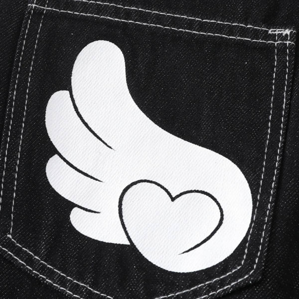 Retro Contrast Heart & Wings Patchwork High Rise Loose Draped Denim Jeans