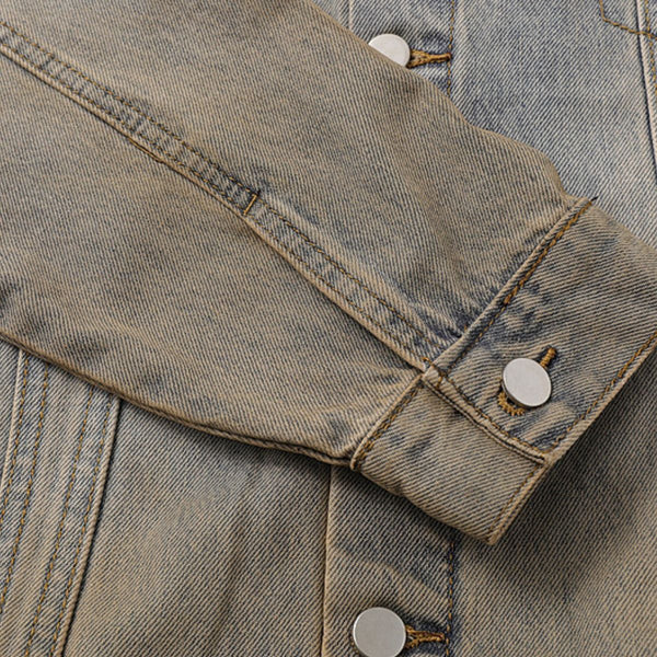 Unisex Retro Street style Distressed Washed Blue&yellow Mud-dyed Denim Jacket