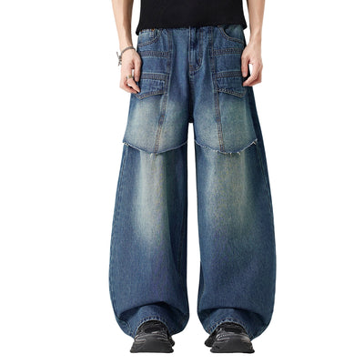 Vintage Wash Faux Layered Baggy Curved Leg Denim Jeans