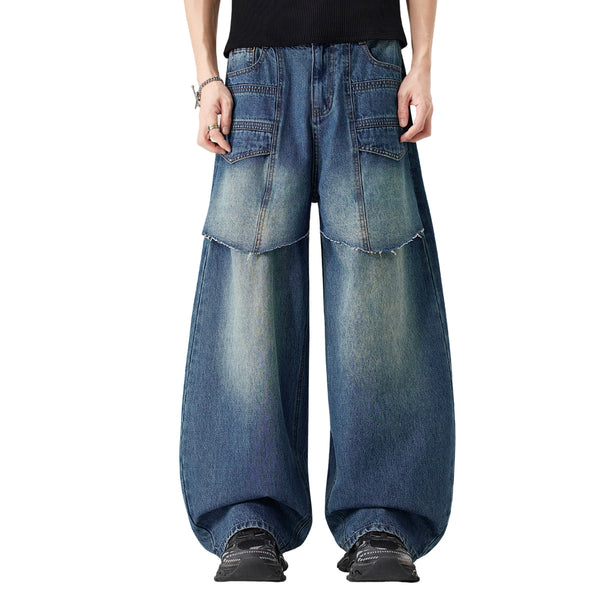 Vintage Wash Faux Layered Baggy Curved Leg Denim Jeans