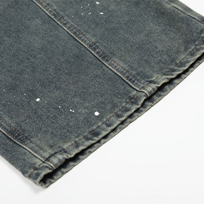 Men's Curved Denim Pants Wide Leg Distressed Paint Splatter Holes