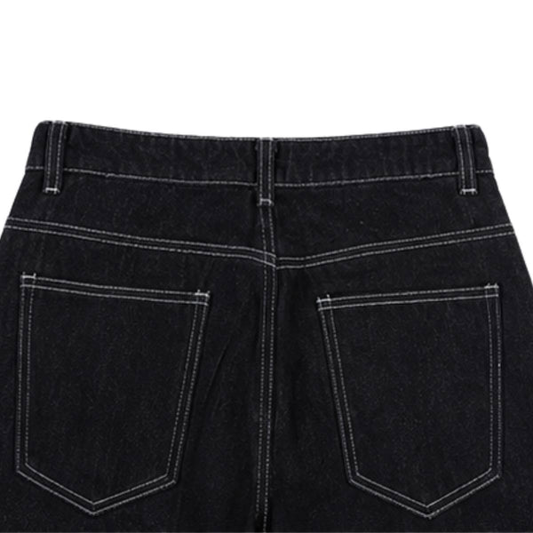 Contrast Stitch Black Wide-Leg Jeans