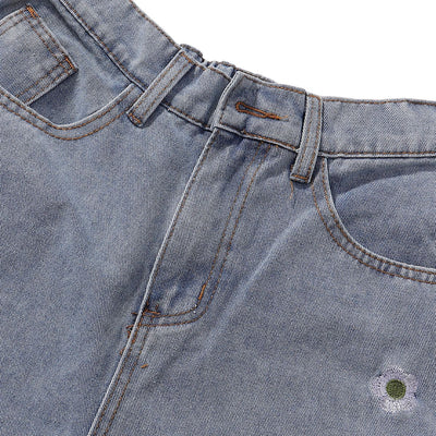 Floral Embroidery Washed Denim Shorts