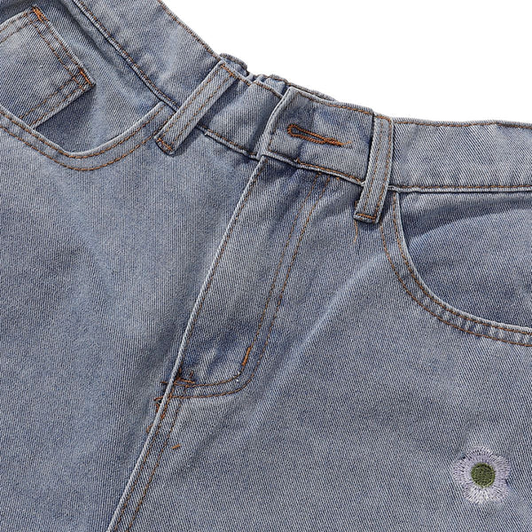 Floral Embroidery Washed Denim Shorts
