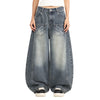 Laser Print Vintage Curved Denim Wide Leg Jeans