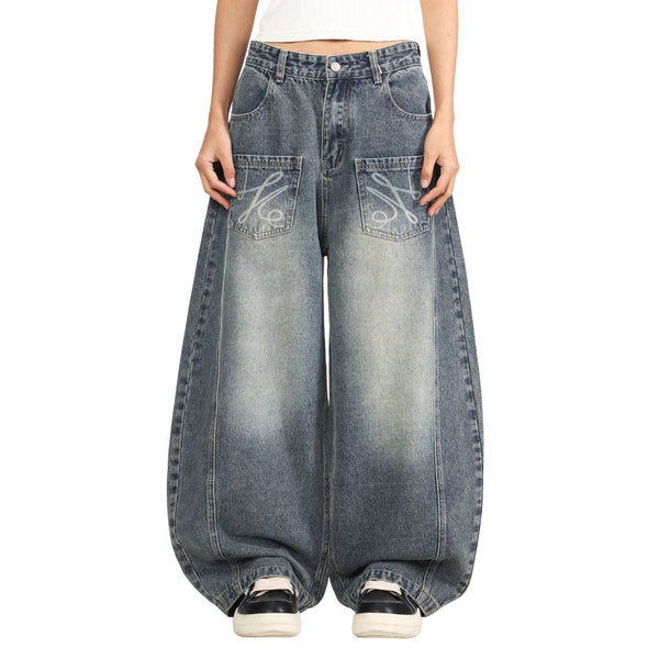 Laser Print Vintage Curved Denim Wide Leg Jeans