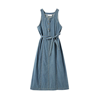 Sleeveless Self-Tied Denim Midi Dress
