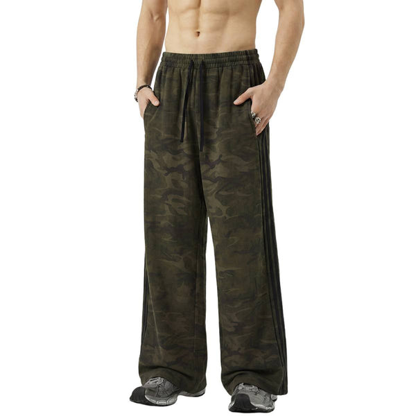 Heavyweight Camouflage Stripe Patchwork Drawstring Straight Leg Sweatpants