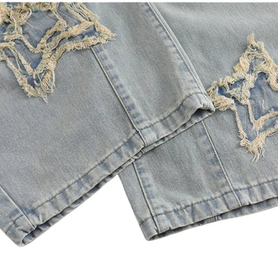 American Retro Frayed Hem Star Graphic Loose Fit Denim Trousers