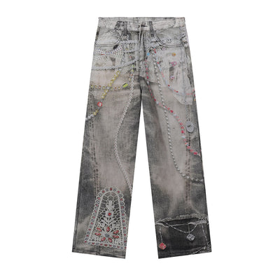 Digital Print Vintage Style Faux Denim Jeans