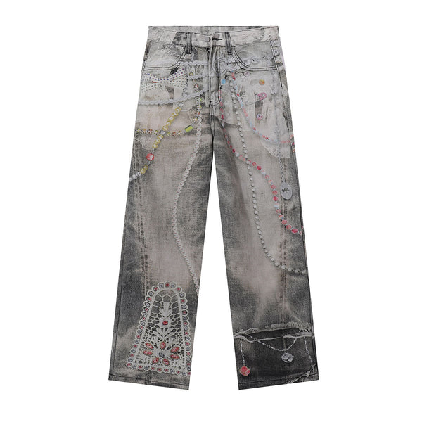 Digital Print Vintage Style Faux Denim Jeans