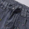 Embroidered Blue Wide Leg Distressed Denim Jeans