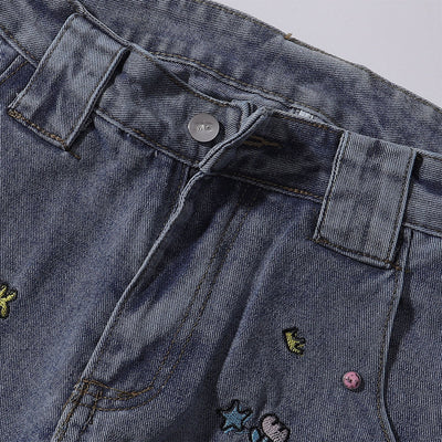 Embroidered Blue Wide Leg Distressed Denim Jeans