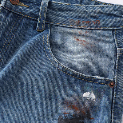 Distressed Paint Splatter Barrel-Leg Jeans