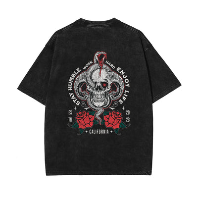 Skull Graphic Stone Wash Tee-INNBLAC