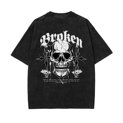 Skull Graphic Stone Wash Tee-INNBLAC