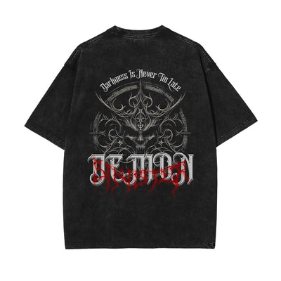 Skull Graphic Stone Wash Tee-INNBLAC