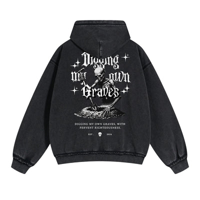 Skull Graphic Double Slider Zip Washed Hoodie