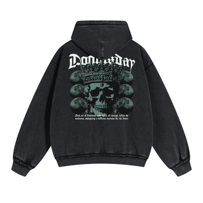 Skull Graphic Double Slider Zip Washed Hoodie