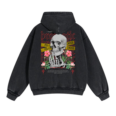 Skull Graphic Double Slider Zip Washed Hoodie