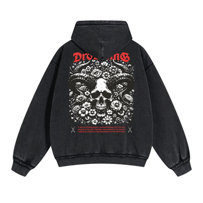 Skull Graphic Double Slider Zip Washed Hoodie