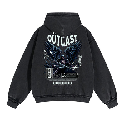 Skull Graphic Double Slider Zip Washed Hoodie