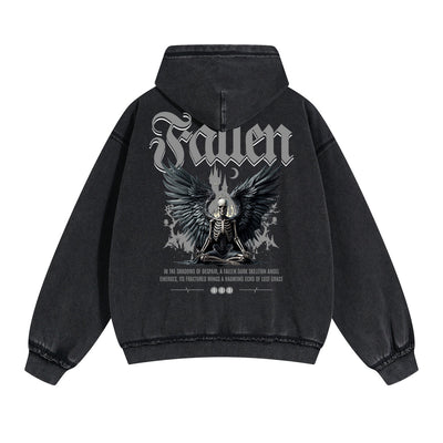 Skull Graphic Double Slider Zip Washed Hoodie