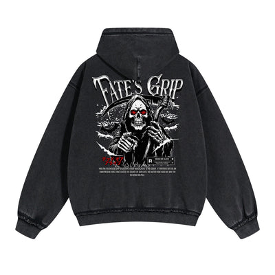 Skull Graphic Double Slider Zip Washed Hoodie