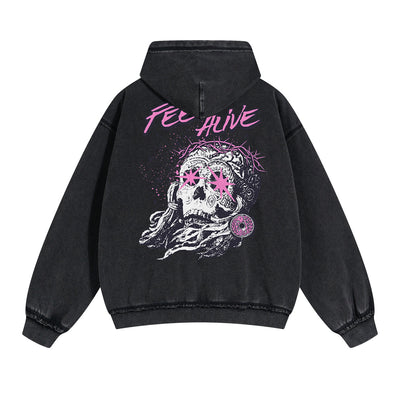 Skull Graphic Double Slider Zip Washed Hoodie