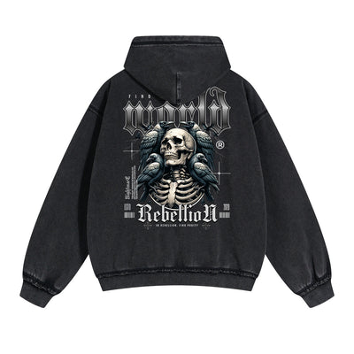 Skull Graphic Double Slider Zip Washed Hoodie