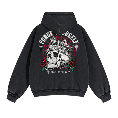 Skull Graphic Double Slider Zip Washed Hoodie