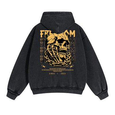 Skull Graphic Double Slider Zip Washed Hoodie