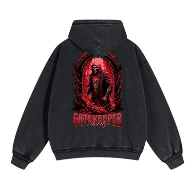 Skull Graphic Double Slider Zip Washed Hoodie