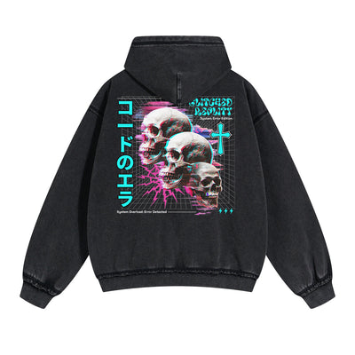 Skull Graphic Double Slider Zip Washed Hoodie