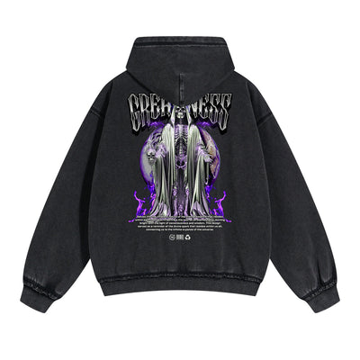 Skull Graphic Double Slider Zip Washed Hoodie